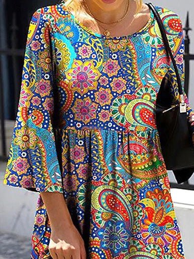 Women's Dresses Vintage Print Crew Neck Long Sleeve Dress