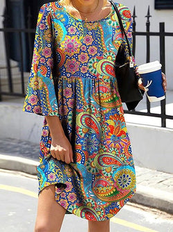 Women's Dresses Vintage Print Crew Neck Long Sleeve Dress