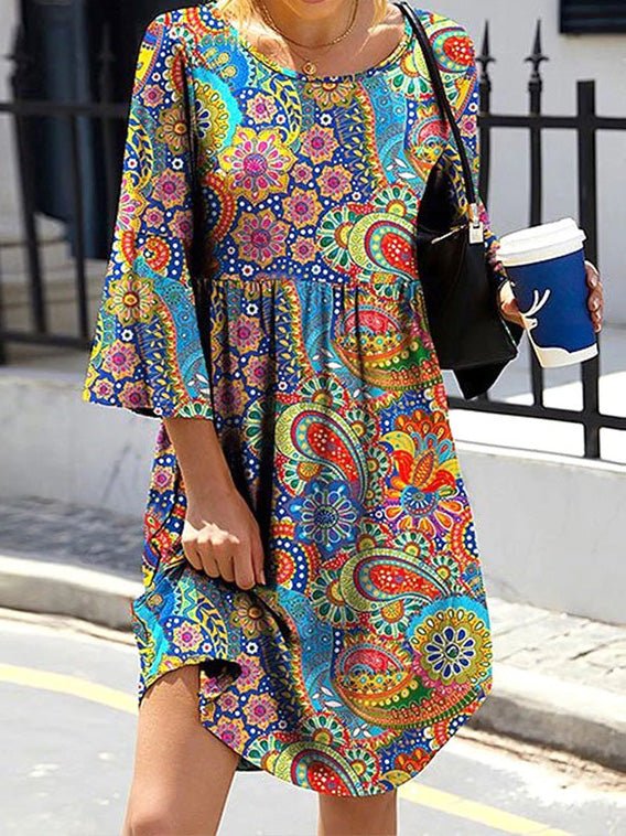 Women's Dresses Vintage Print Crew Neck Long Sleeve Dress
