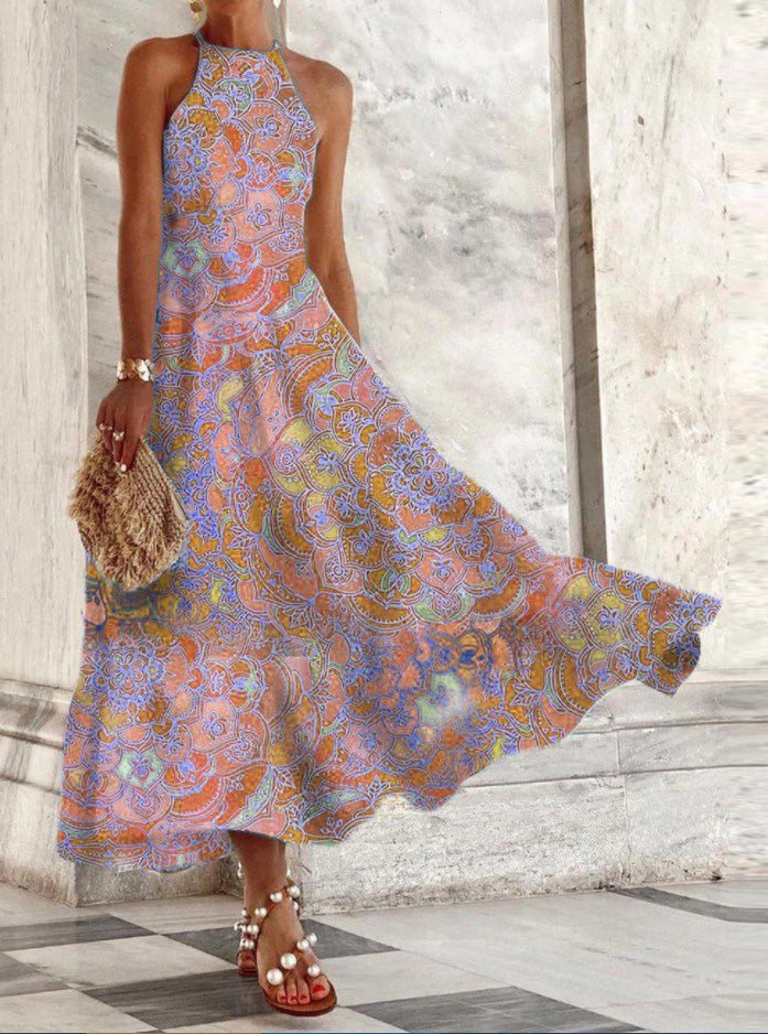 Women's Dresses Vintage Print Halter Neck Sleeveless Dress