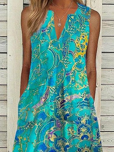 Women's Dresses Vintage Print V-Neck Pocket Sleeveless Dress