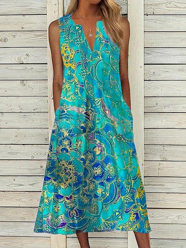 Women's Dresses Vintage Print V-Neck Pocket Sleeveless Dress