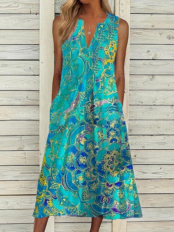Women's Dresses Vintage Print V-Neck Pocket Sleeveless Dress