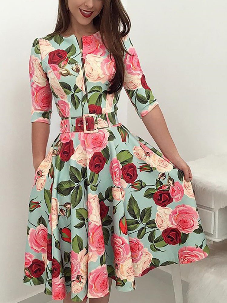 Women's Dresses Zip Floral Print Half Sleeve Dress