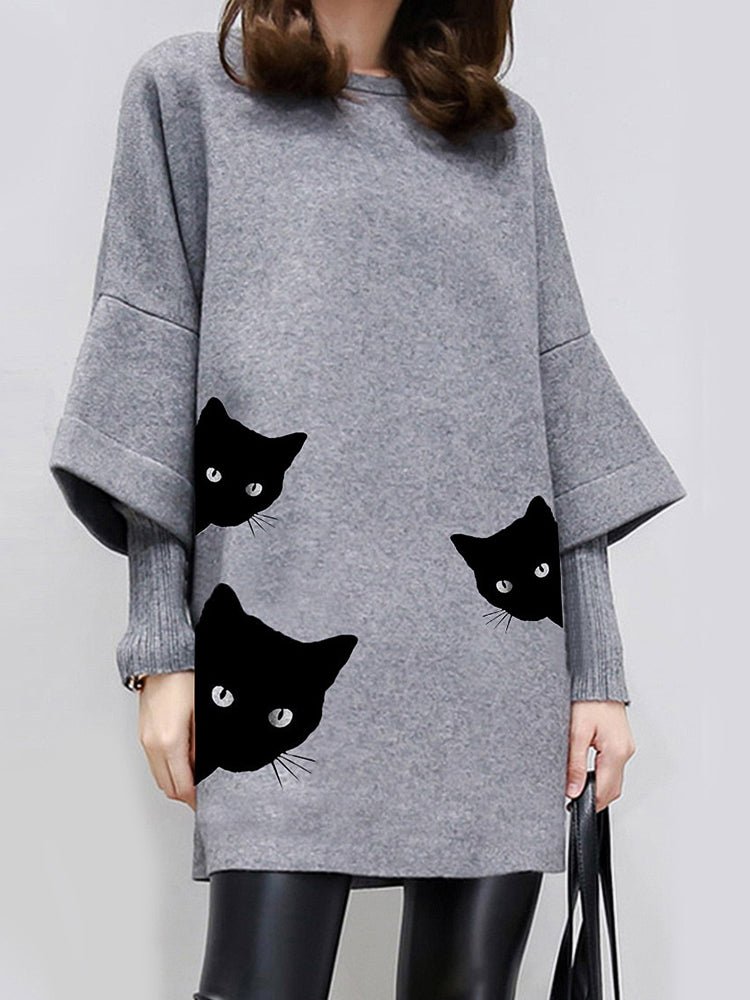 Women's Hoodies Cat Pattern Round Neck Grey Long Sleeve Hoodie