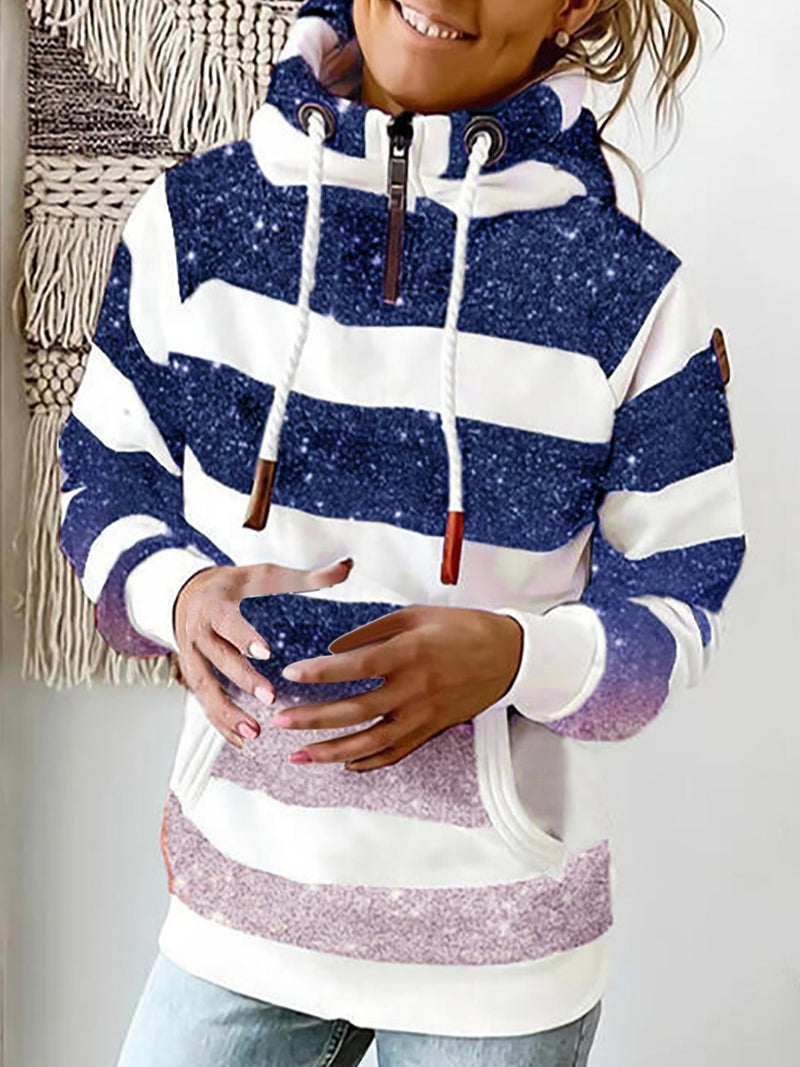 Gradient Stripe Print Zipper High Collar Pocket Hoodie