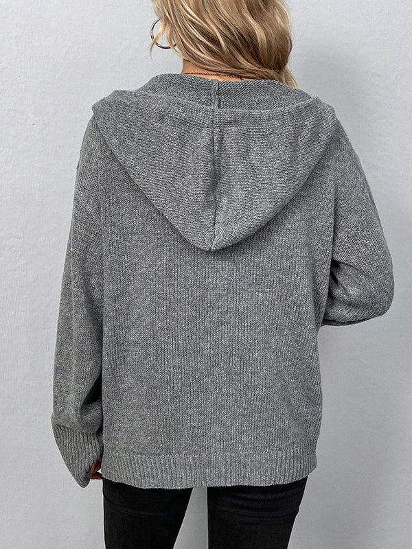 Women's Hoodies Solid Drawstring Single Breasted Knitted Hoodie