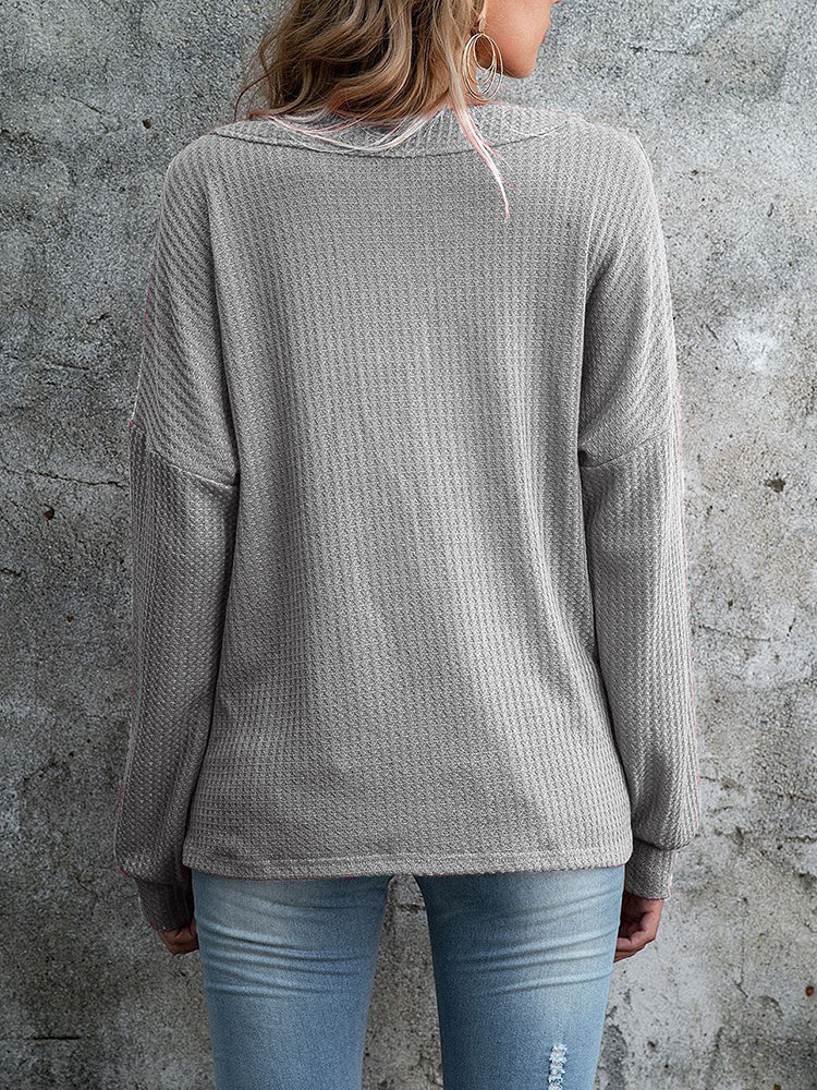 Women's Hoodies V Neck Loose Knitted Button Sweatshirt