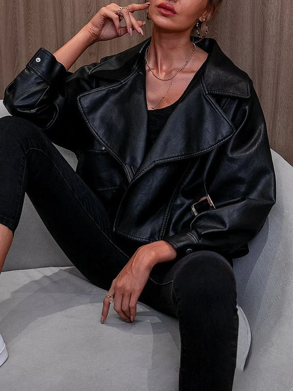 Women's Jackets Fashion Casual Loose Long Sleeved Leather Jacket