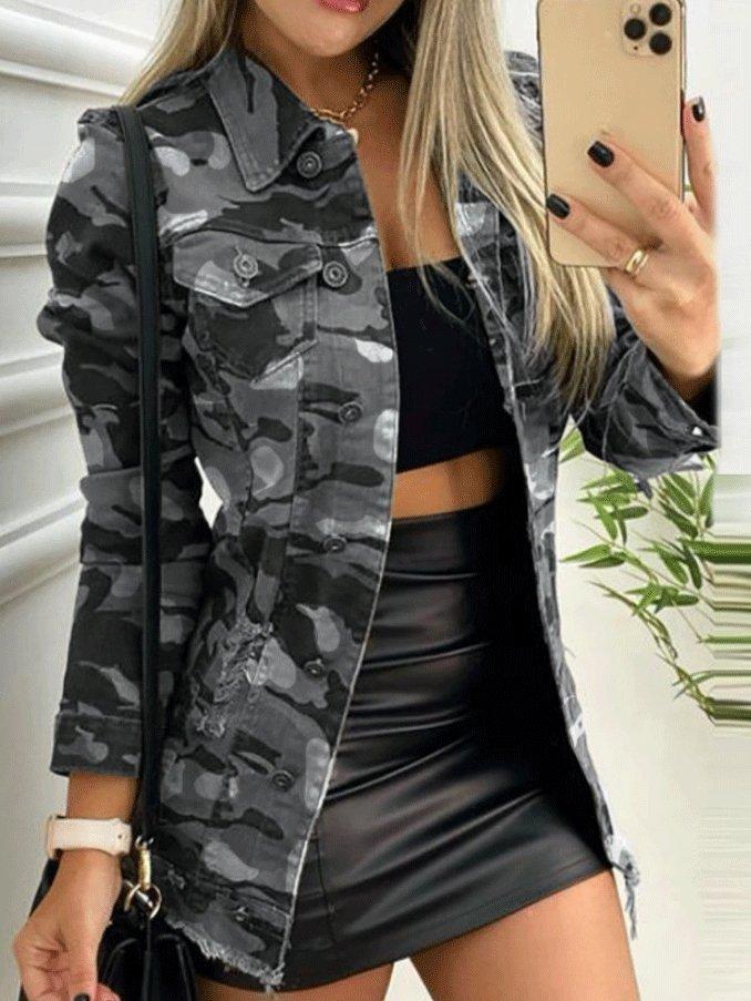 Single-Breasted Pocket Long Sleeve Camouflage Jacket