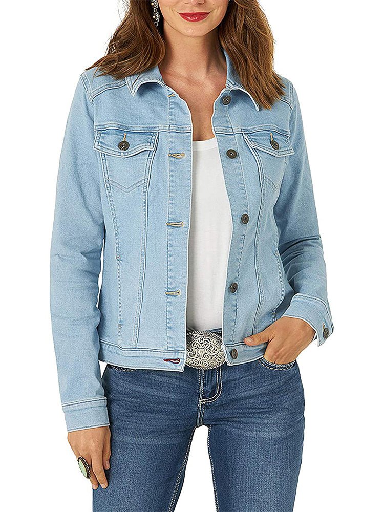 Women's Jackets Solid Flapped Pocket Single Breasted Denim Jacket