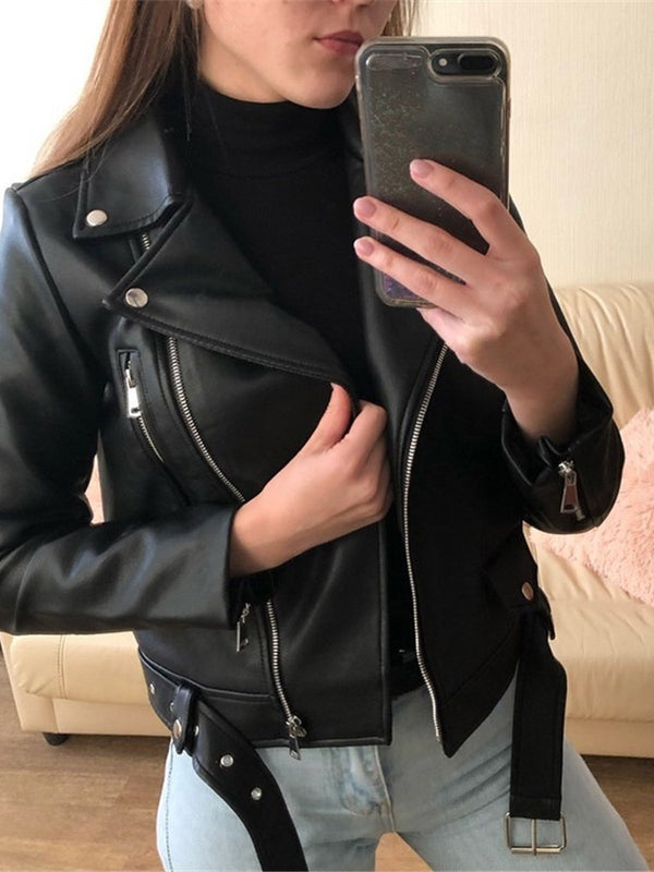 Zipper Long Sleeve PU Skinny Leather Jacket