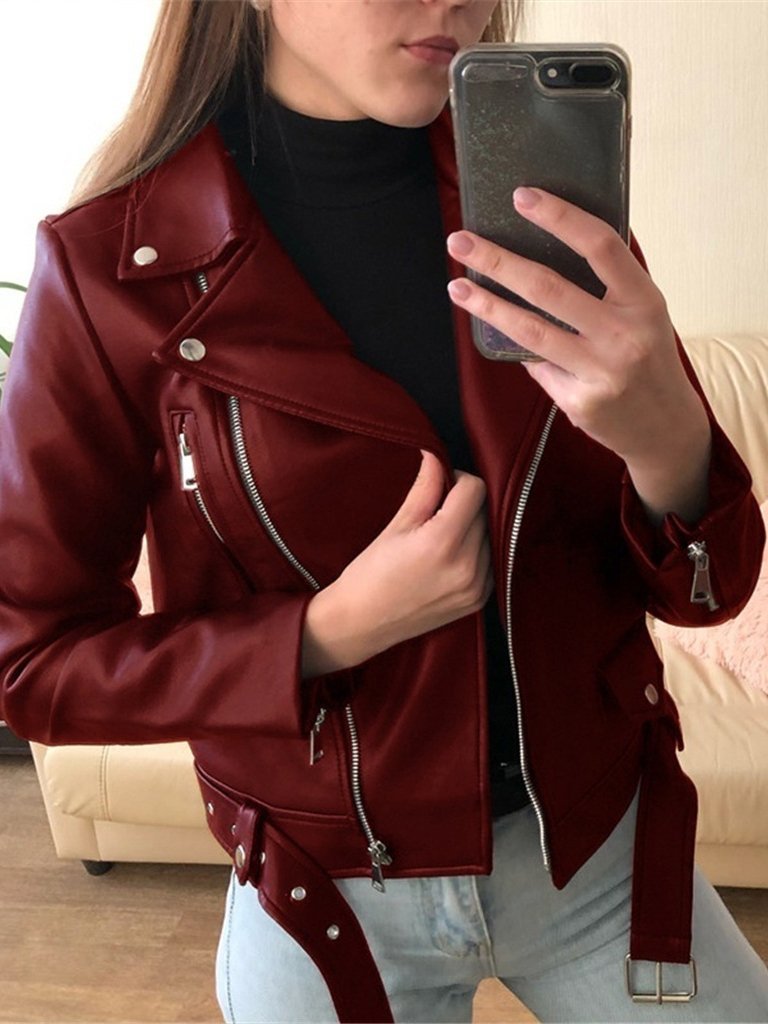 Zipper Long Sleeve PU Skinny Leather Jacket