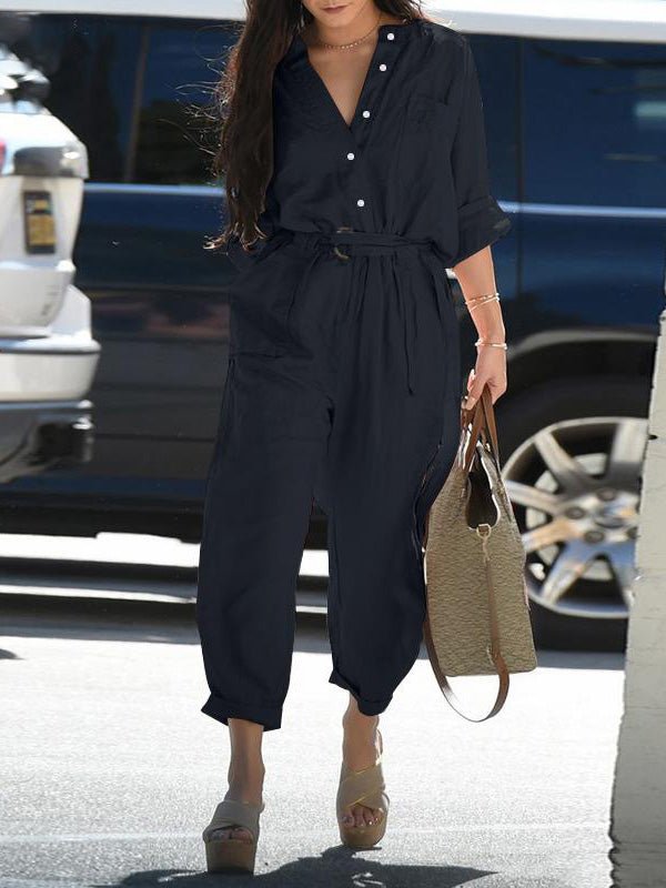 Women's Jumpsuits Button Belted Long Sleeve Pocket Cargo Jumpsuit