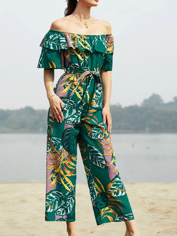 Women's Jumpsuits One-Shoulder Floral Belted Ruffle Jumpsuit