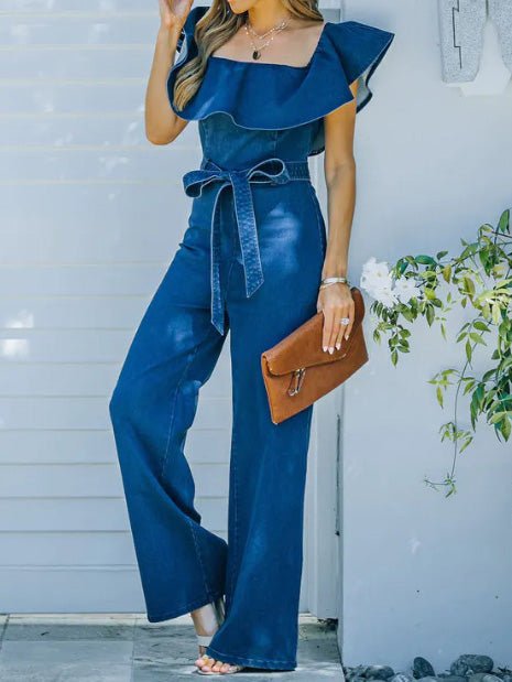 Women's Jumpsuits One-Shoulder Ruffled Belted Jumpsuit