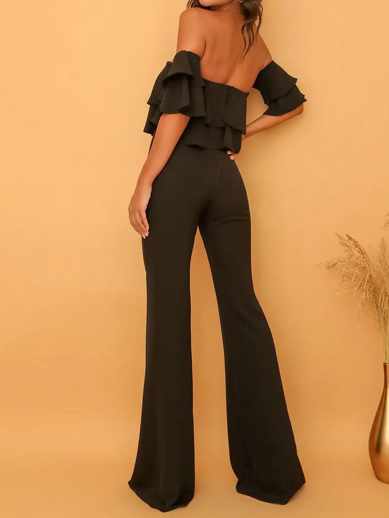 Women's Jumpsuits One Word Collar Ruffled Solid Jumpsuit