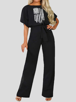 Women's Jumpsuits Printed Belted Short Sleeve Casual Jumpsuit