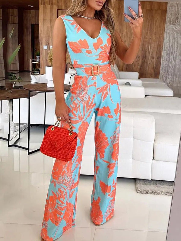 Women's Jumpsuits Printed V-Neck Belted Sleeveless Slim Fit Jumpsuit