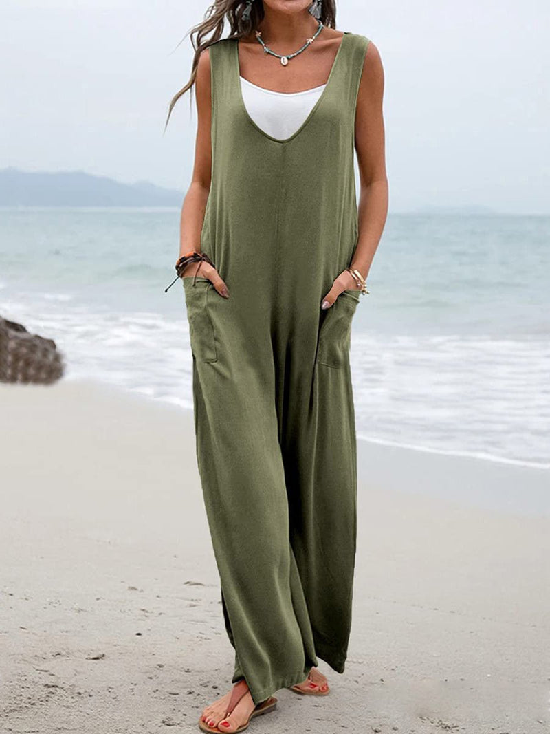 Women's Jumpsuits Solid V-Neck Pocket Wide-Leg Jumpsuit