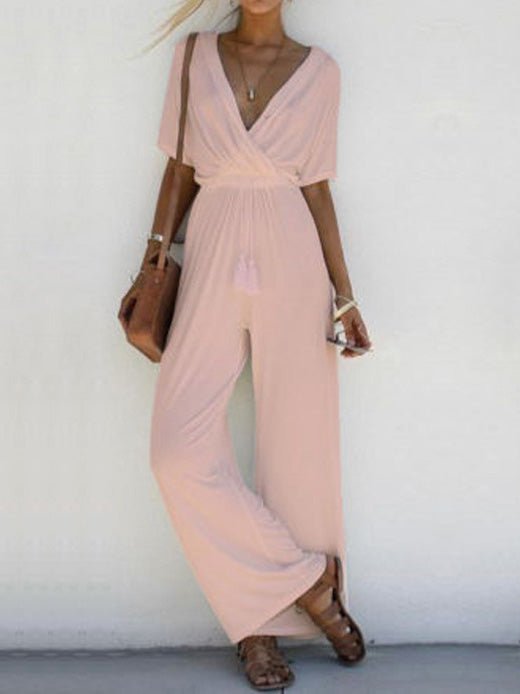 Women's Jumpsuits V-Neck Short Sleeve Belted Wide-Leg Jumpsuit