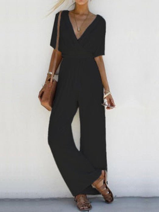 Women's Jumpsuits V-Neck Short Sleeve Belted Wide-Leg Jumpsuit