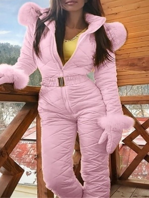Women's Jumpsuits Zip Elastic Waist Hooded Ski Suit Jumpsuit