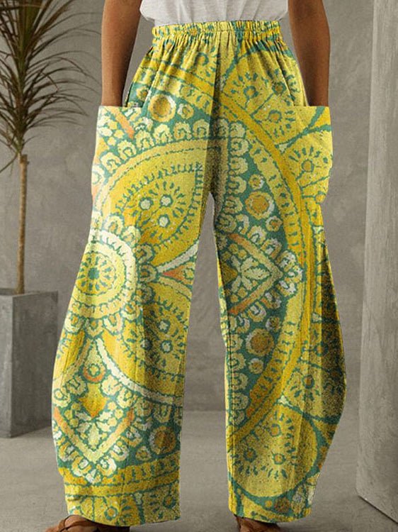 Women's Pants Loose Printed High Waist Pocket Wide Leg Pants