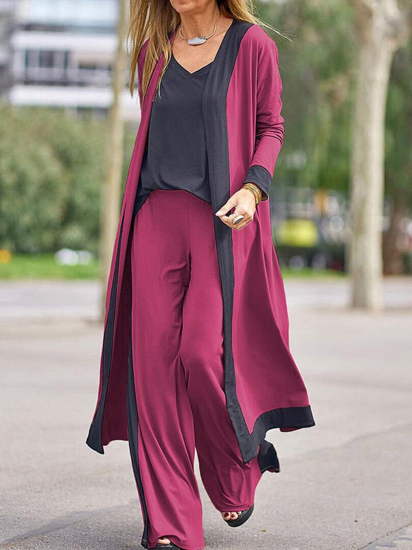 Women's Sets Casual Contrast Color Sleeveless Vest Long Sleeve Cardigan Trousers Three Piece Set