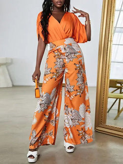 Women's Sets Doll Sleeve Top & Printed Trousers Two-Piece Set