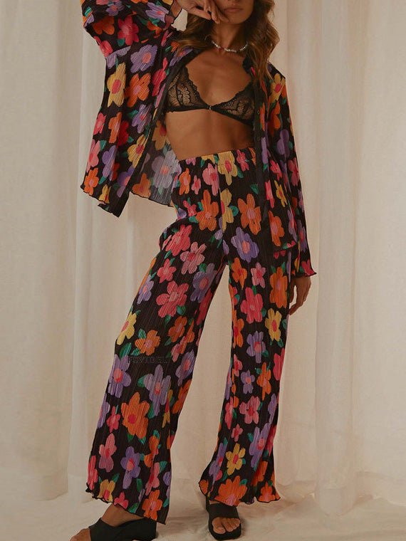 Women's Sets Floral Print Lapel Long Sleeve Shirt & Pants Two Piece Set