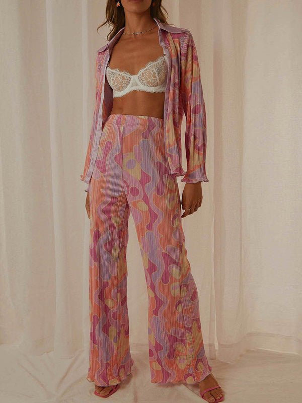 Women's Sets Floral Print Lapel Long Sleeve Shirt & Pants Two Piece Set