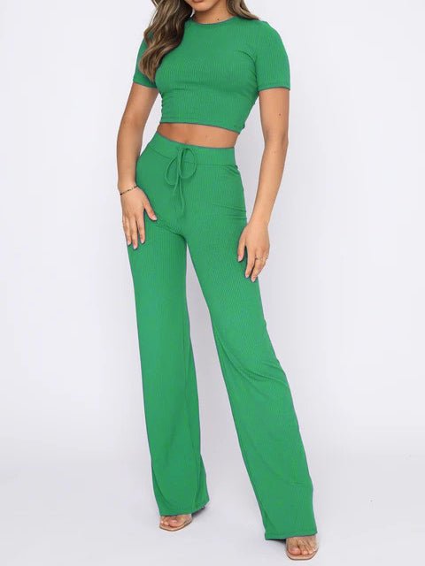 Women's Sets High Stretch Short Sleeve & Wide Leg Pants Two Piece Set