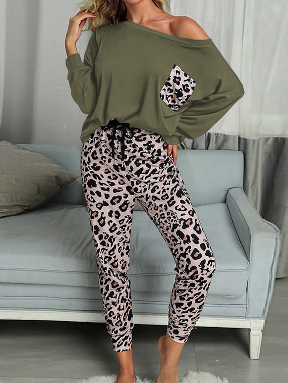 Women's Sets Leopard Print Pocket T-Shirt & Pants Two-Piece Set