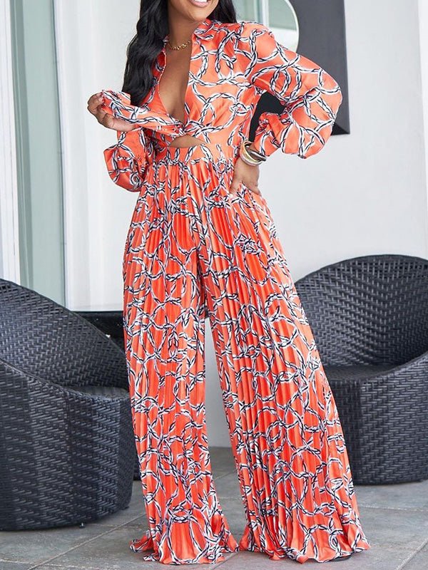 Women's Sets Printed Pleated Long Sleeve Shirt & Pants Two-Piece Set