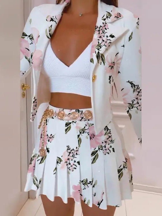 Women's Sets Printed Slim Fit Blazers & Pleated Skirt Two Piece Set