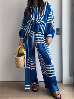 Women's Sets Striped Print Long Sleeve Shirt & Wide Leg Pants Two-Piece Set