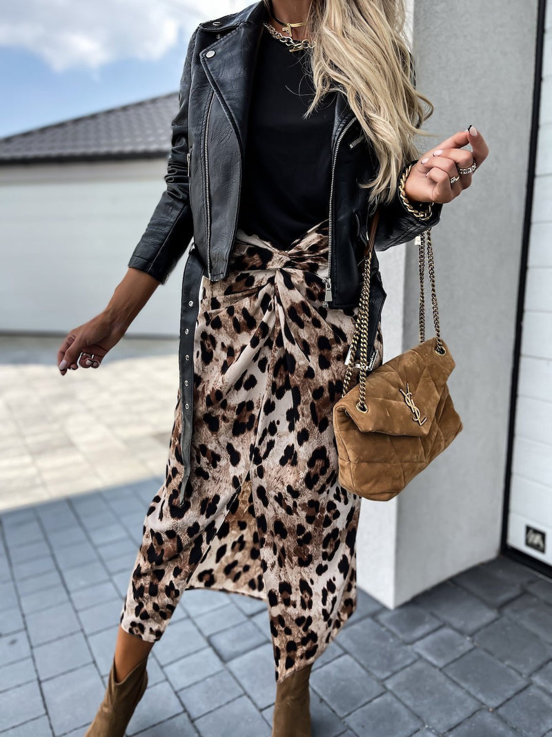 Leopard Print Irregular Slit Skirt