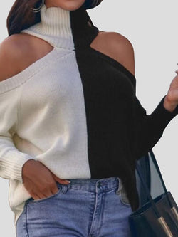 Contrasting Off-The-Shoulder High Collar Sweater