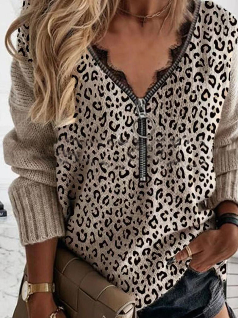 Lace Zip Leopard Print Long Sleeve Sweater