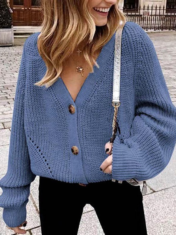 Women's Sweaters Solid V-Neck Button Sweater