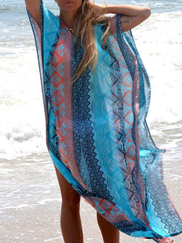 Women's Swimsuit Multicolor Printed Slit Sun Protection Robes Cover-Up