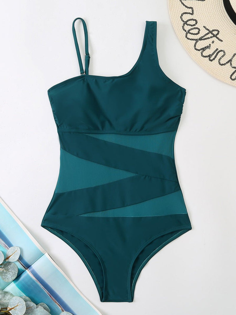 Women's Swimsuits Mesh Slanted Shoulder One-Piece Swimsuit