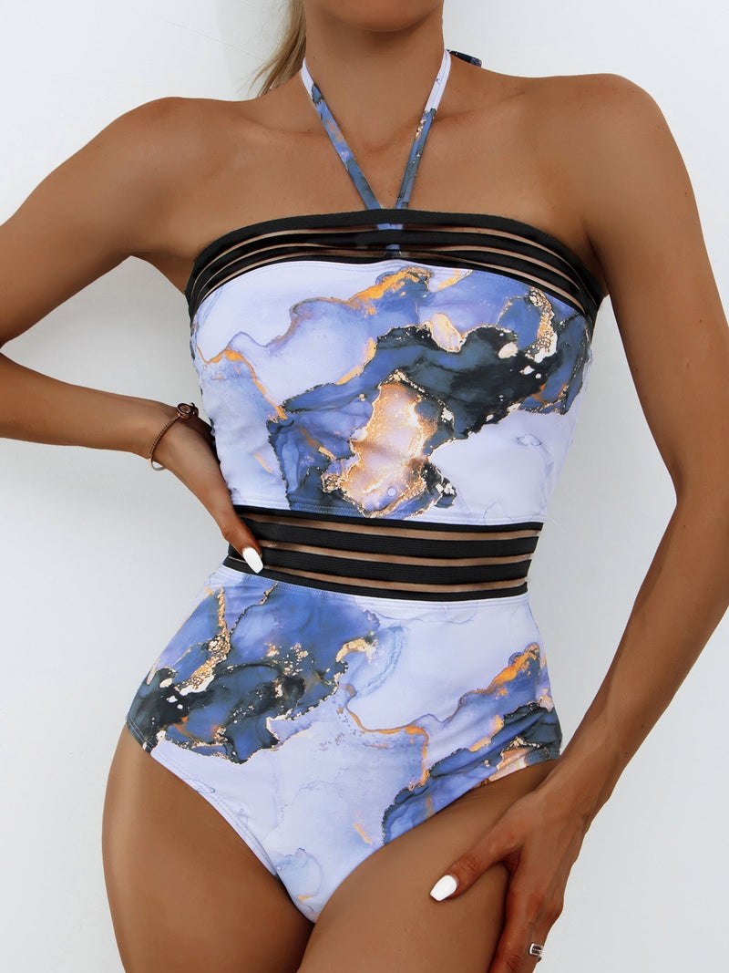 Women's Swimsuits Printed Halter Mesh Panel One Piece Swimsuit