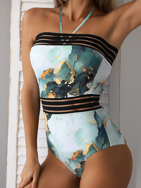 Women's Swimsuits Printed Halter Mesh Panel One Piece Swimsuit