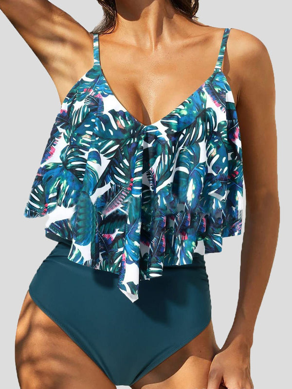 Women's Swimsuits Printed V-Neck Ruffle One Piece Swimsuit