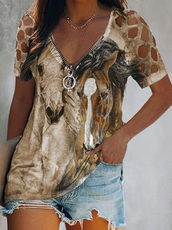 Women's T-Shirts Animal Print Zip V-Neck Hollow Short Sleeve T-Shirt