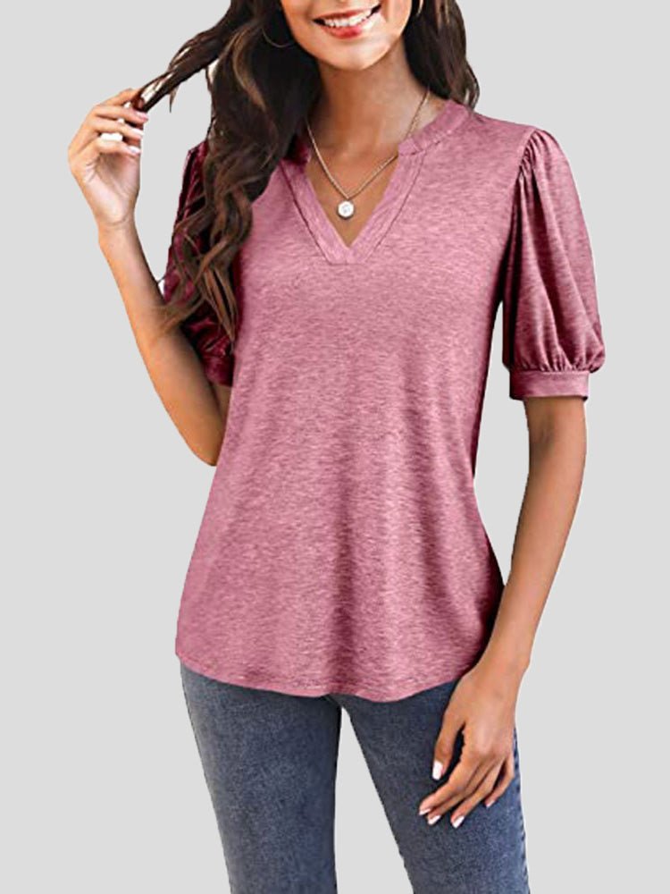 Women's T-Shirts Casual V Neck Puff Sleeve T-Shirt