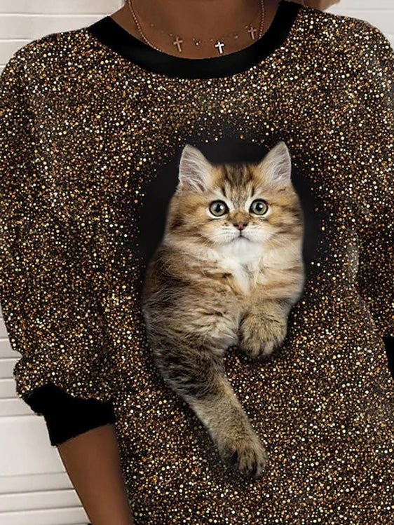 Women's T-Shirts Cat Print Round Neck Long Sleeve Casual T-Shirt