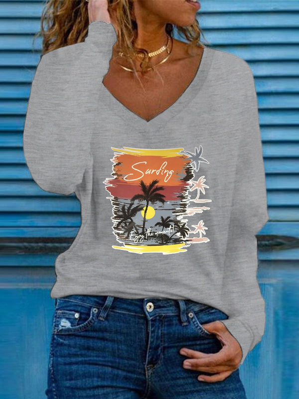 Women's T-Shirts Coconut Print V-Neck Long Sleeve T-Shirt